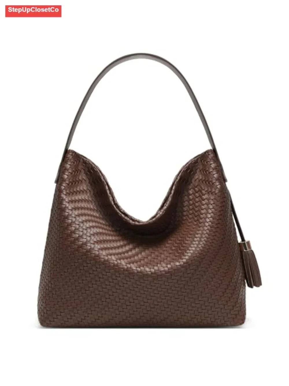 Handwoven Faux Leather Hobo Tote Bag with Tassel, Adjustable Straps, Large